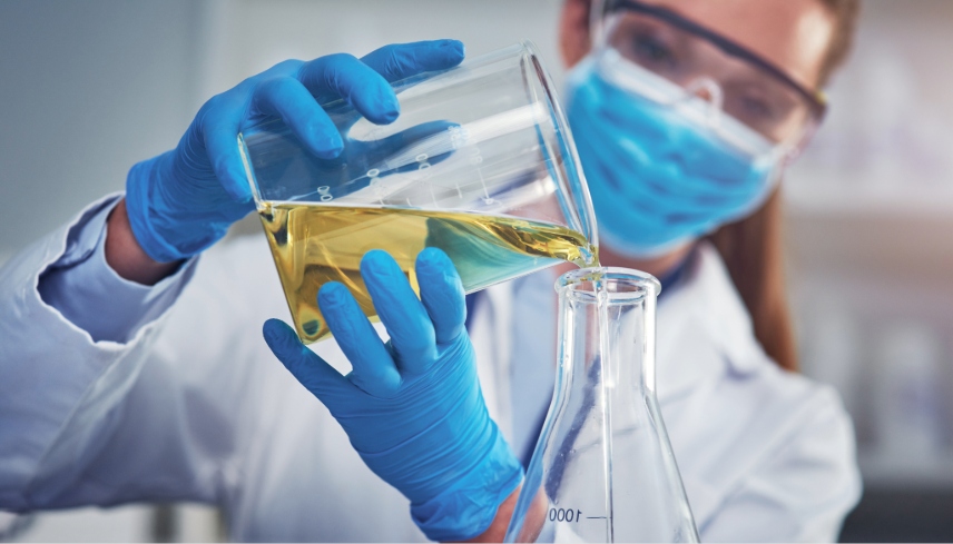 Glass beaker, chemical and scientist in laboratory for pharmaceutical development or innovation.