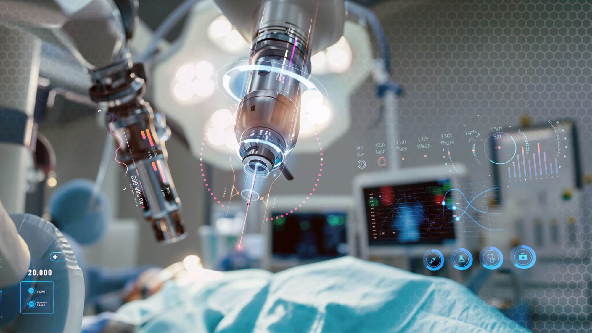 future robotic arms performing automated medical health care operation for future precision surgical robot and remote control hospital equipment as wide banner design with information hologram